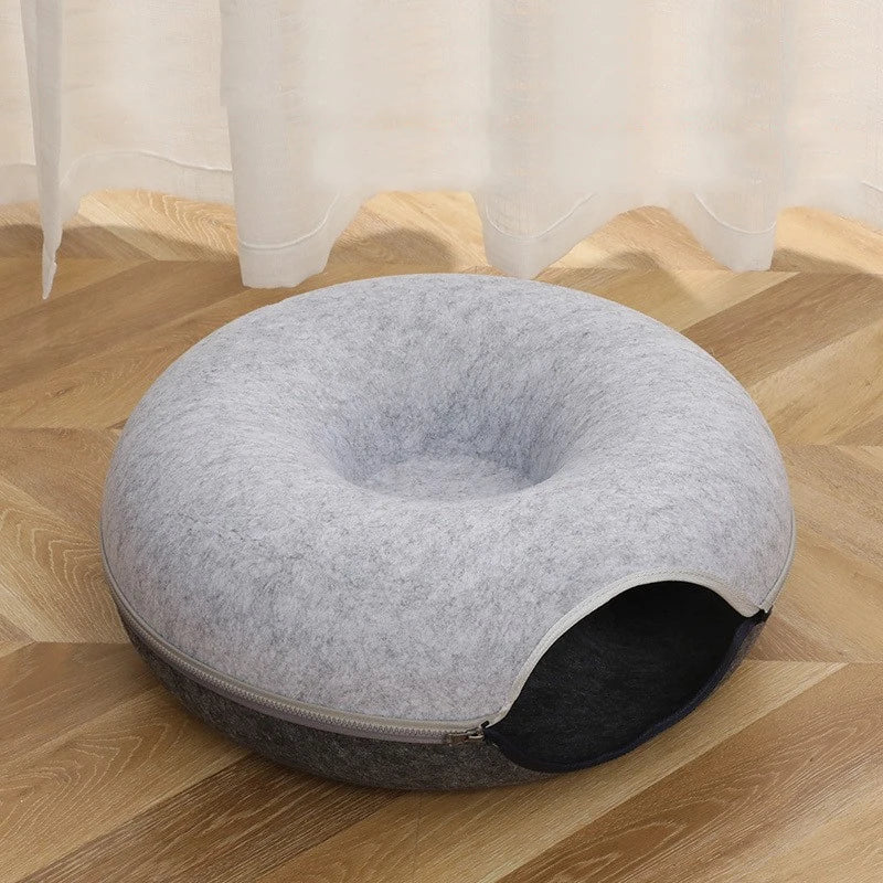 Dark gray light gray Color Felt Donut Cat Tunnel Bed – Foldable Play and Sleep Hideout