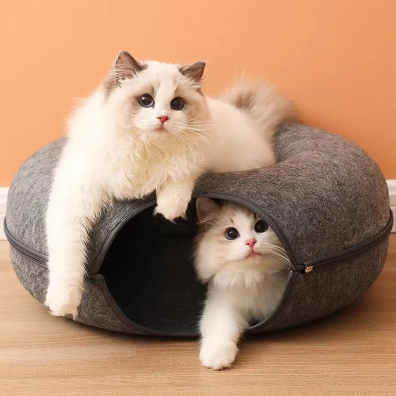 Felt Donut Cat Tunnel Bed – Foldable Play and Sleep Hideout