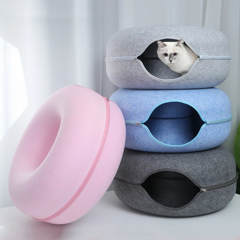 Felt Donut Cat Tunnel Bed – Foldable Play and Sleep Hideout