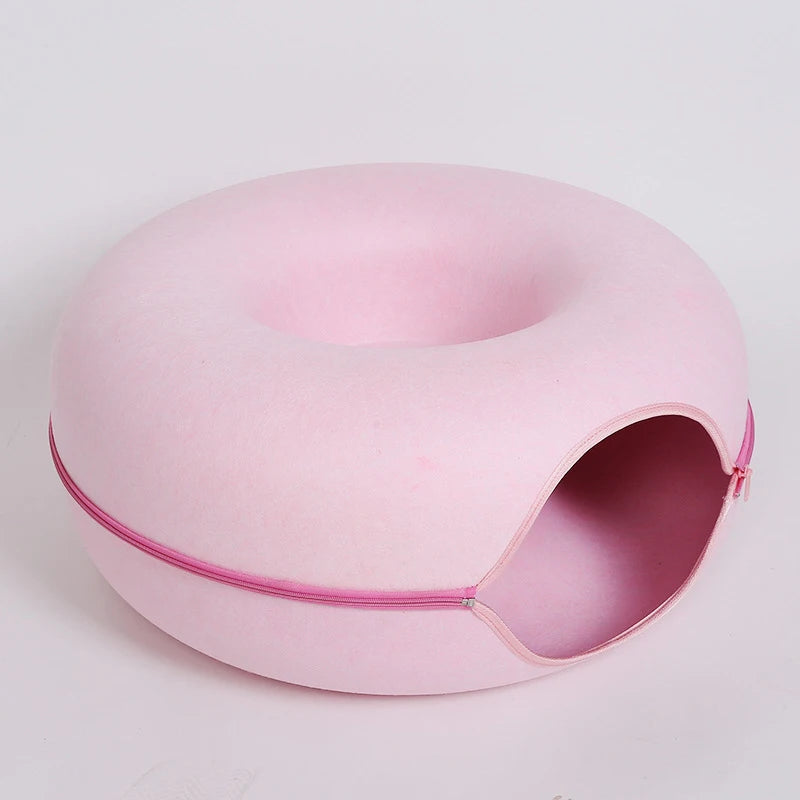 pink Color Felt Donut Cat Tunnel Bed – Foldable Play and Sleep Hideout