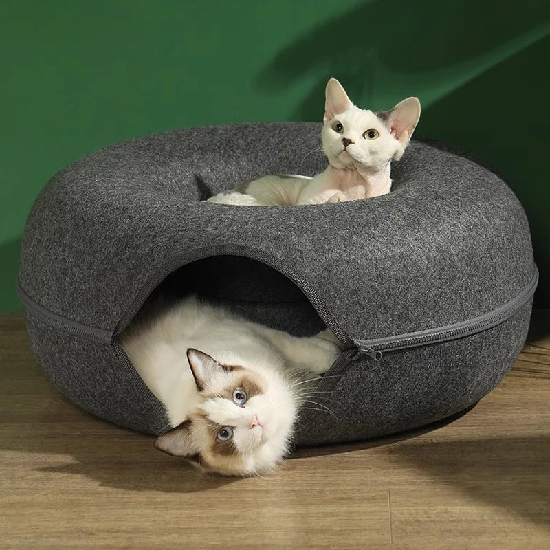 Felt Donut Cat Tunnel Bed – Foldable Play and Sleep Hideout