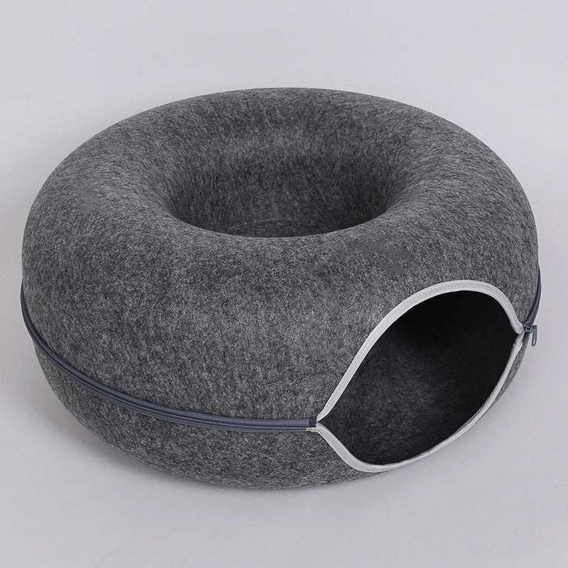 Dark gray Color Felt Donut Cat Tunnel Bed – Foldable Play and Sleep Hideout