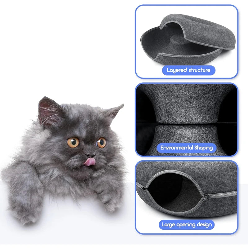 Felt Donut Cat Tunnel Bed – Foldable Play and Sleep Hideout