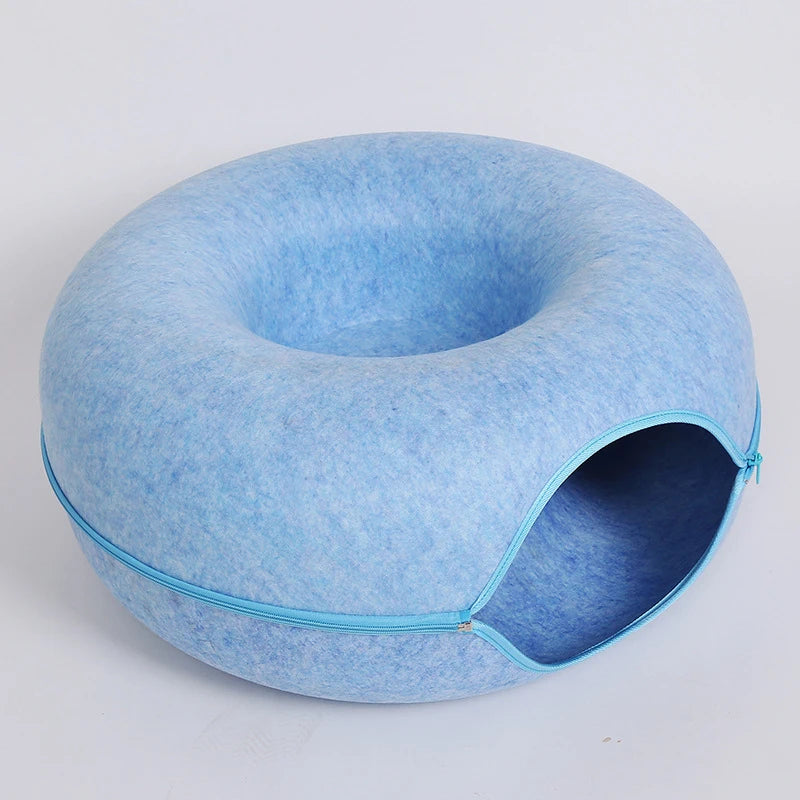 blue Color Felt Donut Cat Tunnel Bed – Foldable Play and Sleep Hideout